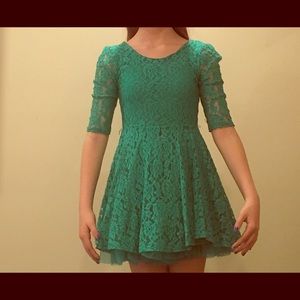 Green dress, floral design, short